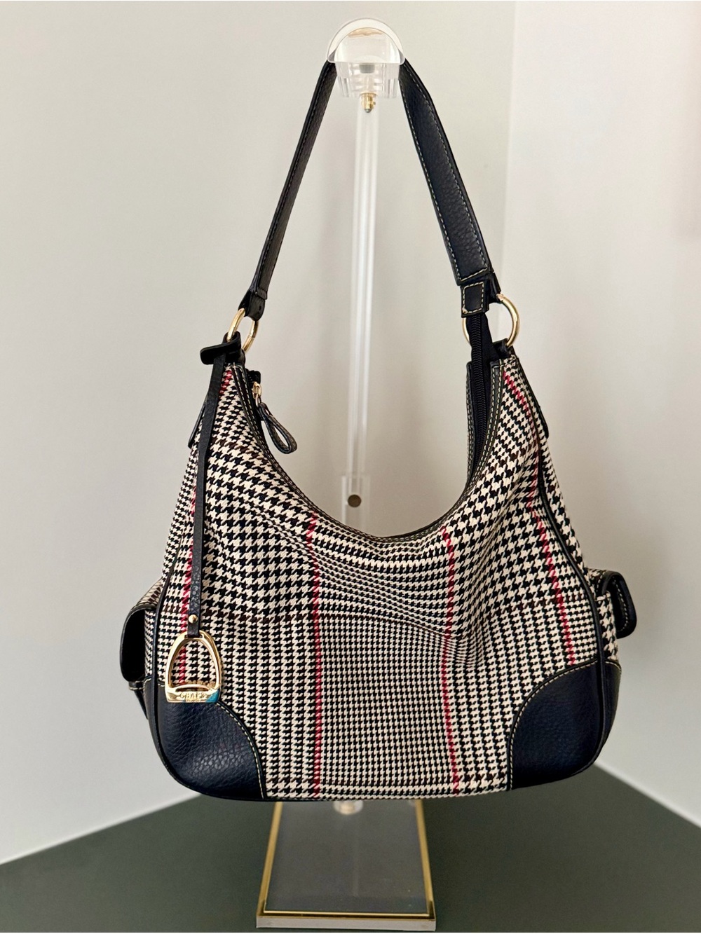 CHAPS Equestrian Inspired Houndstooth Plaid Hobo Shoulder Bag Black Cream Red